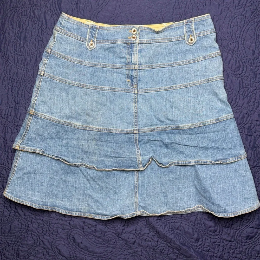 Oscar de la Renta Denim Tiered Ruffle Skirt Light Wash Blue Size 10 Boho Western